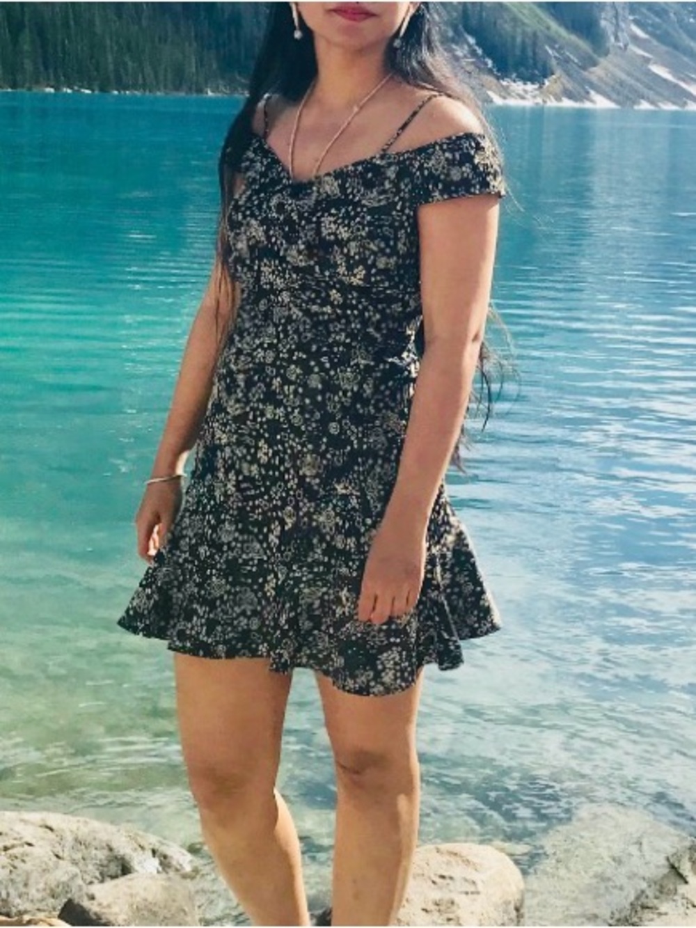 Zara Black Floral Off-Shoulder Mini Dress
